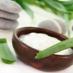 9552538 - a bowl of lotion with aloe vera on a white background
